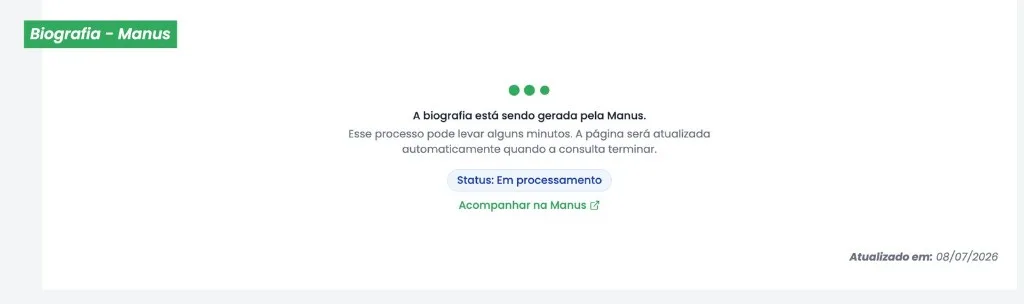 Tela de geração de biografia pelo Manus no MFCHECK