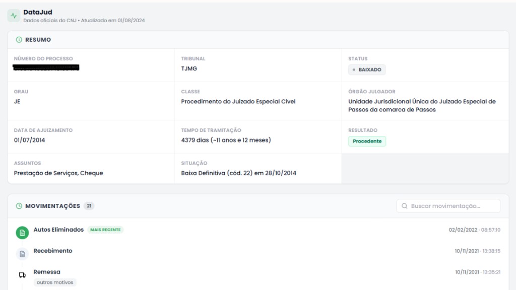 Exemplo de consulta de movimentação processual com dados do DataJud no MFCHECK