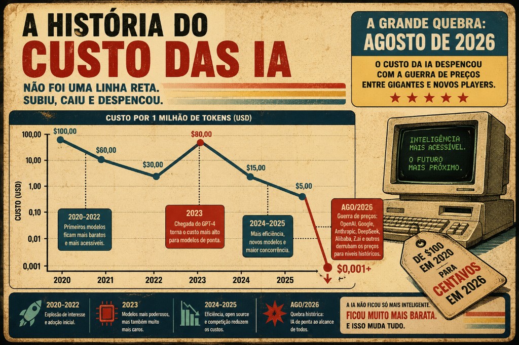 Infográfico A história do custo das IA: custo por milhão de tokens de 2020 a agosto de 2026