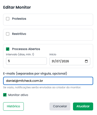 Tela de edição do Monitor com processos abertos, intervalo e e-mails de notificação no MFCHECK