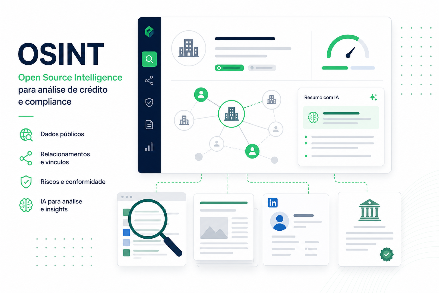 Ilustração de pesquisa OSINT com fontes abertas, vínculos e relatório consolidado
