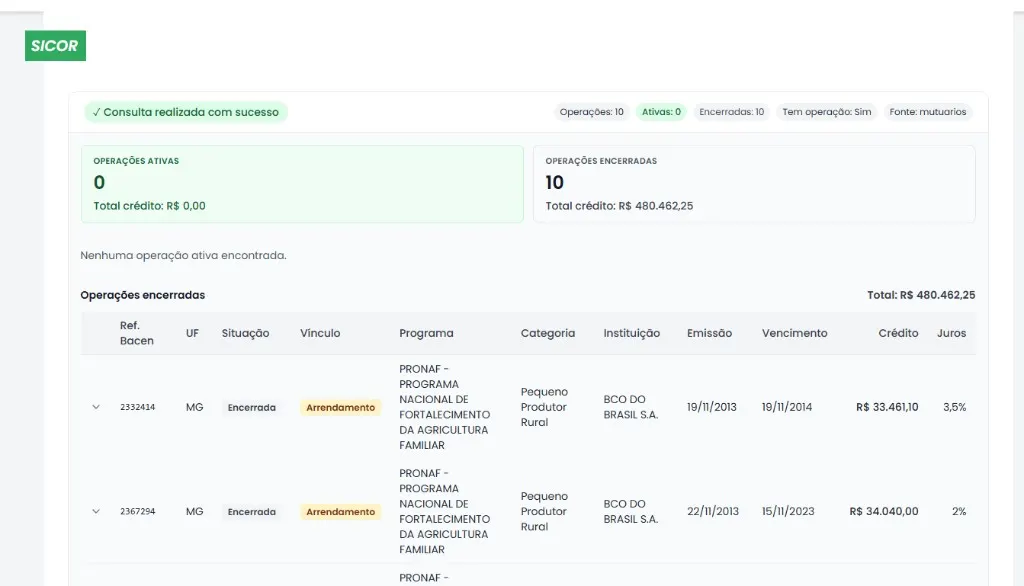 Consulta SICOR no MFCHECK com resumo de operações ativas e encerradas